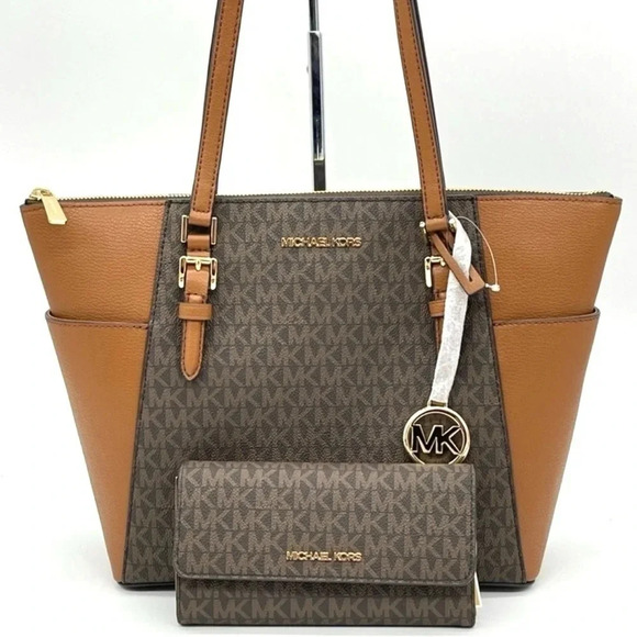 Michael Kors Large Charlotte Tote Bag & Large Trifold Wallet Brown - Picture 1 of 11